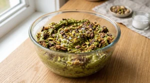 A glass bowl filled with pistachio cream mixed with chocolate-coated kataifi on a wooden countertop.