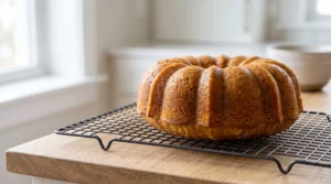 A freshly baked golden-brown Bundt cake cooling on a wire rack set on a wooden countertop.