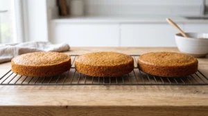 Three baked round Biscoff cake layers cooling on a wire rack set on a wooden countertop.