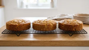 Three golden-brown baked apple cake layers cooling on a wire rack on a wooden countertop.