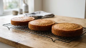 Three golden-brown baked cake layers cooling on wire racks on a wooden countertop.