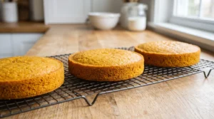 Three baked pumpkin cake layers cooling on a wire rack set on a wooden countertop.