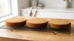 Three golden-brown baked cake layers cooling on a wire rack on a wooden countertop.