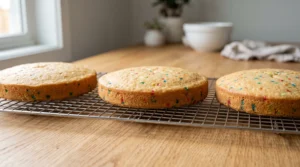 Three baked Funfetti cake layers cooling completely on a wire rack on a wooden tabletop.