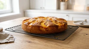 A freshly baked peach cake with golden sliced fruit on top, cooling on a wire rack on a wooden tabletop.