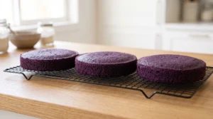 Three baked purple ube cake layers cooling completely on a wire rack on a wooden tabletop.