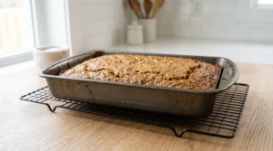 A freshly baked golden-brown zucchini cake in a rectangular pan resting on a wire cooling rack on a wooden countertop.
