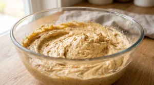 A glass mixing bowl filled with light, fluffy, and creamy butter and sugar mixture speckled with toasted milk solids for The Best Brown Butter Cake on a wooden countertop.