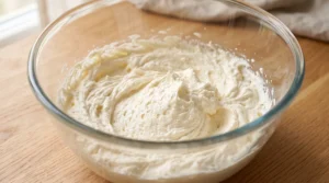 A glass bowl containing light and fluffy creamed butter, oil, and sugar mixture for a Funfetti birthday cake on a wooden countertop.