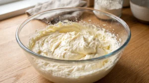 A glass bowl containing light and fluffy creamed butter, oil, and sugar mixture for The Best Peach Cake on a wooden countertop.