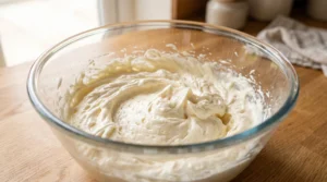 A glass bowl containing light and fluffy creamed butter, oil, and sugar mixture for The Best Ube Cake on a wooden countertop.