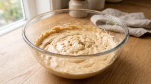 A glass bowl containing a light, fluffy creamed mixture of butter, oil, and sugars on a wooden countertop.