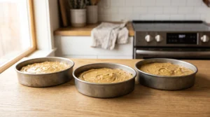 Three round metal cake pans filled evenly with brown butter cake batter on a wooden countertop.