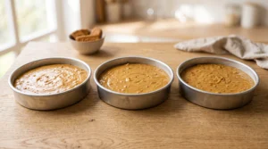 Three cake pans filled evenly with cookie butter batter on a wooden countertop next to a bowl of Biscoff cookies.