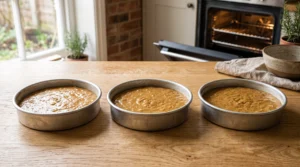 Three cake pans filled evenly with spiced cake batter on a wooden countertop in front of an open oven.