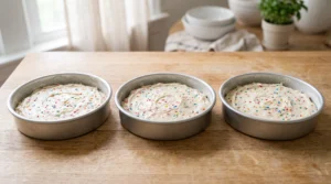 Three round baking pans filled evenly with Funfetti cake batter, studded with colorful sprinkles, sitting on a wooden table.