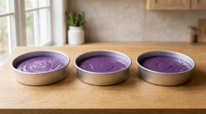 Three round baking pans filled evenly with vibrant purple ube cake batter, sitting on a wooden tabletop.