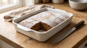 A sliced self-layering chai pudding cake dusted with powdered sugar in a white baking dish on a wooden countertop next to a knife.