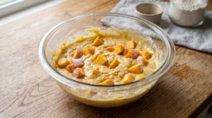 A glass bowl of peach cake batter with freshly tossed diced peaches resting on top on a wooden countertop.
