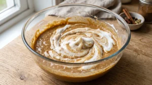 A glass bowl showing egg whites being folded into the spiced chai batter with visible white streaks on a wooden countertop.