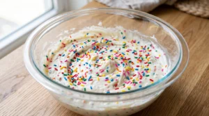 A glass bowl filled with cake batter and colorful jimmies sprinkled evenly on top, ready to be folded in.