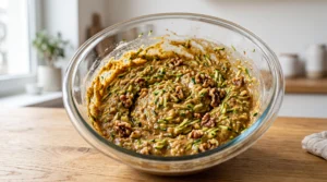 A glass mixing bowl filled with cake batter containing visible pieces of grated green zucchini and chopped walnuts on a wooden countertop.