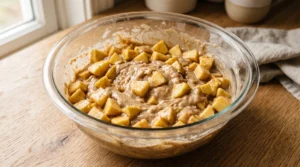 A glass bowl filled with cake batter evenly mixed with fresh diced apples on a wooden countertop.