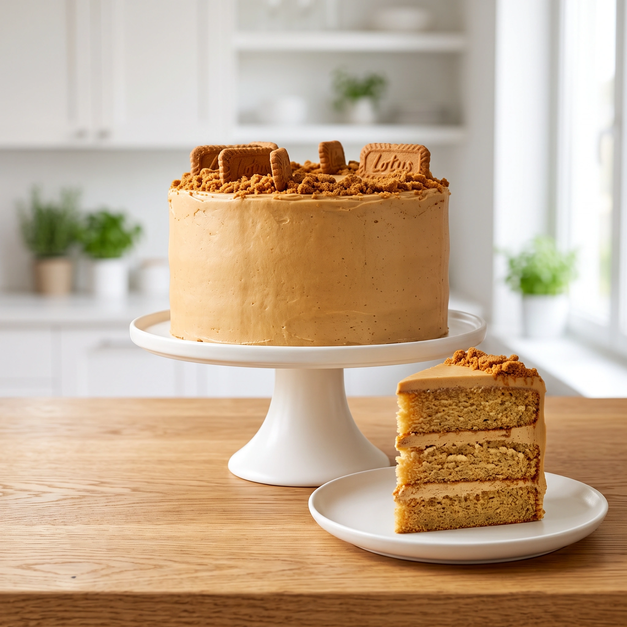 A fully frosted three-layer Biscoff cookie butter cake on a white cake stand with a sliced portion served on a plate next to it.