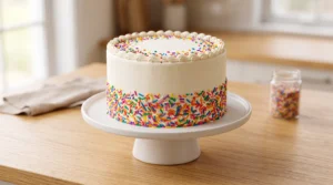 A fully frosted three-layer Funfetti birthday cake on a white cake stand, decorated with piped borders and colorful jimmies pressed along the lower sides and top edge.
