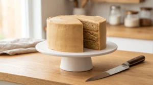 A three-layer round brown butter cake covered in smooth caramel-colored frosting on a white cake stand, with one slice cut out, sitting on a wooden countertop next to a knife.
