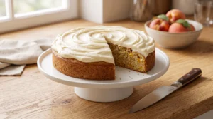 A round peach cake with swirls of white cream cheese frosting on a white cake stand, with one slice cut out, sitting on a wooden countertop next to a knife and bowl of fresh peaches