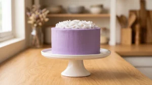 A fully frosted smooth purple ube cake on a white cake stand, topped with white macapuno strings.