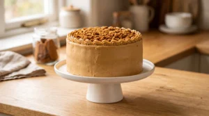 A fully frosted three-layer Biscoff cookie butter cake topped with piped frosting and crushed Biscoff cookies on a white cake stand.