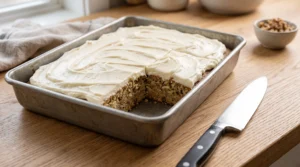 A 9x13 inch pan of zucchini cake topped with a smooth layer of cream cheese frosting and a single slice removed, sitting on a wooden countertop next to a knife.