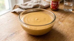 A glass bowl filled with a smooth, blended mixture containing cookie butter on a wooden countertop with a jar of Biscoff spread in the background.