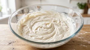 A glass bowl showing flour being mixed into the batter alternately with buttermilk for a Funfetti birthday cake.