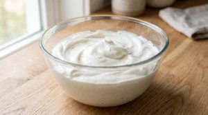 A glass bowl containing smoothly mixed batter with egg whites incorporated for a Funfetti birthday cake on a wooden table.