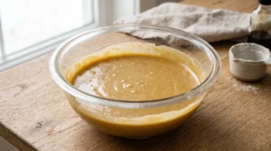 A glass bowl containing smooth, blended cake batter with eggs incorporated into the brown butter mixture on a wooden countertop.