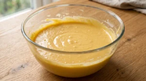 A glass bowl containing smooth, well-mixed cake batter after adding eggs one at a time for The Best Peach Cake on a wooden countertop.