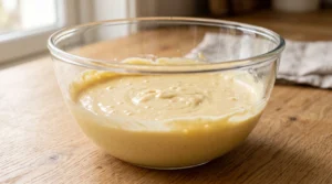 A glass bowl containing smooth, well-mixed cake batter after adding eggs one at a time for The Best Ube Cake on a wooden countertop.