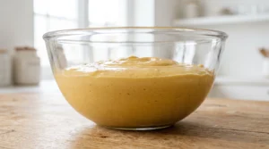 A glass bowl containing thick, smooth peach cake batter after mixing in the flour on a wooden countertop.