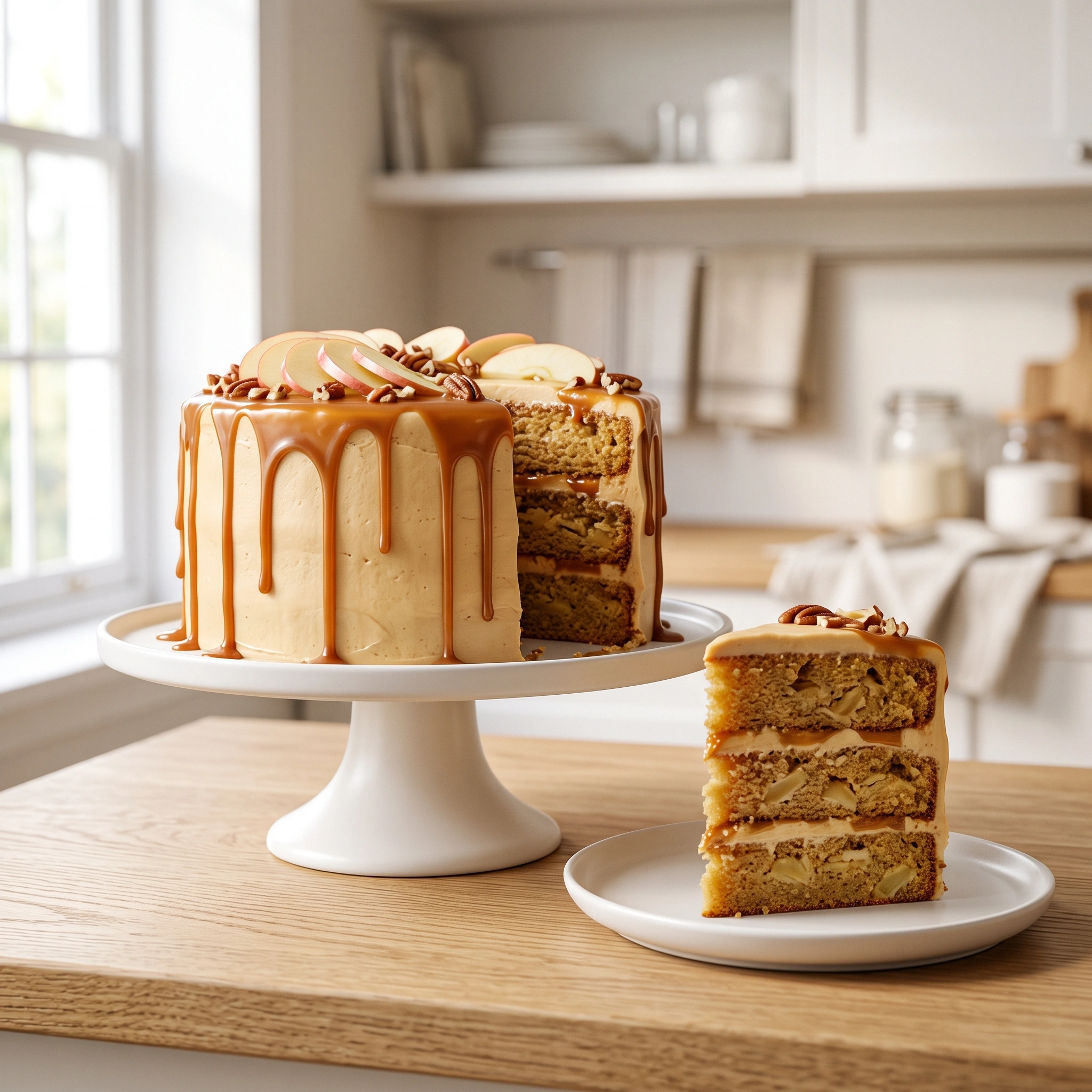 A fully frosted three-layer caramel apple cake with caramel drip on a white cake stand, with a single slice on a white plate next to it.