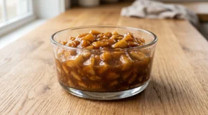 A glass bowl filled with cooked spiced apple pie filling on a wooden countertop.