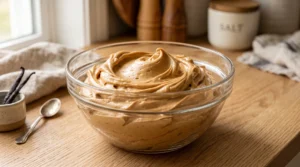 A glass bowl filled with smooth, creamy, caramel-colored brown butter frosting on a wooden countertop.