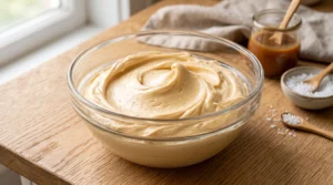 A glass bowl filled with smooth, fluffy caramel buttercream frosting with a jar of caramel and salt on the side.