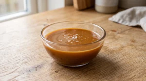 A glass bowl containing smooth, rich homemade caramel sauce topped with flaky salt on a wooden countertop.