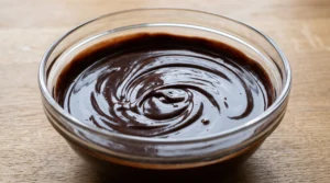 A glass bowl containing glossy, smooth dark chocolate ganache on a wooden countertop.