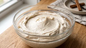 A glass bowl filled with smooth, fluffy cinnamon cream cheese frosting on a wooden countertop next to cinnamon sticks.