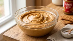 A glass bowl filled with smooth, fluffy cookie butter frosting on a wooden countertop next to a jar of Biscoff spread and a small bowl of salt.