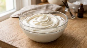 A glass bowl filled with smooth, creamy white cream cheese frosting on a wooden countertop.